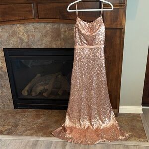 Christina Wu all over rose gold sequin long formal cocktail dress prom sz 4